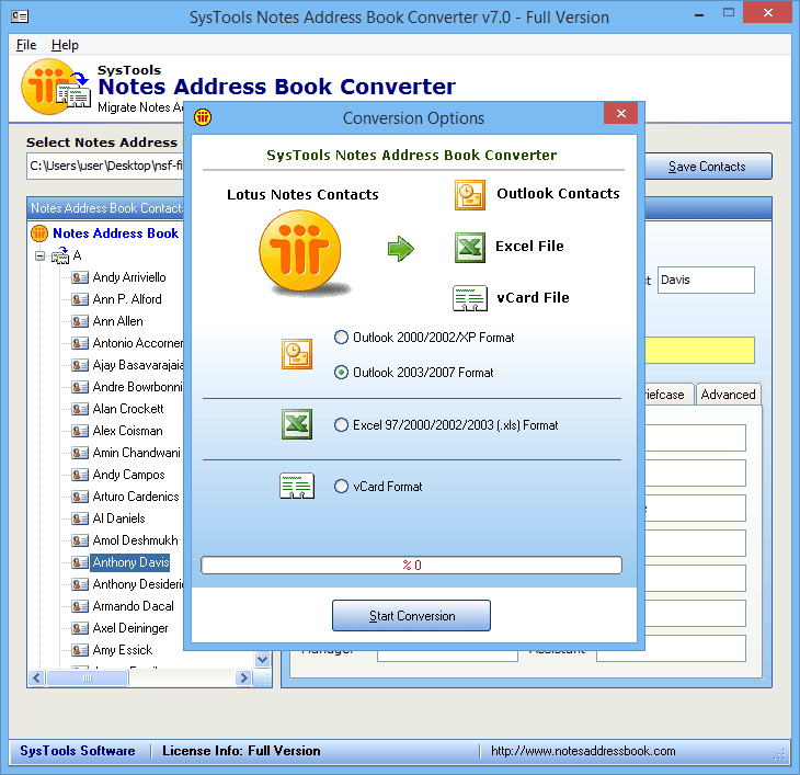 Start Conversion of Notes contacts export