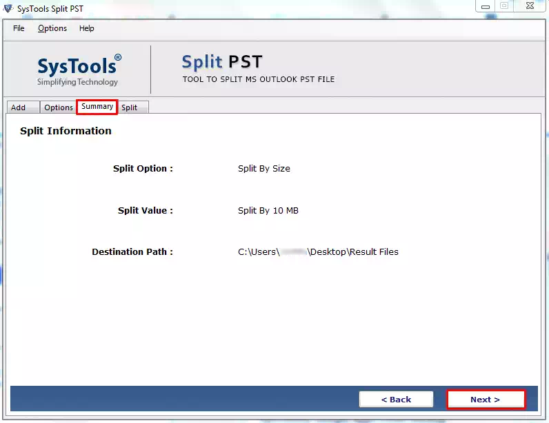 check split information